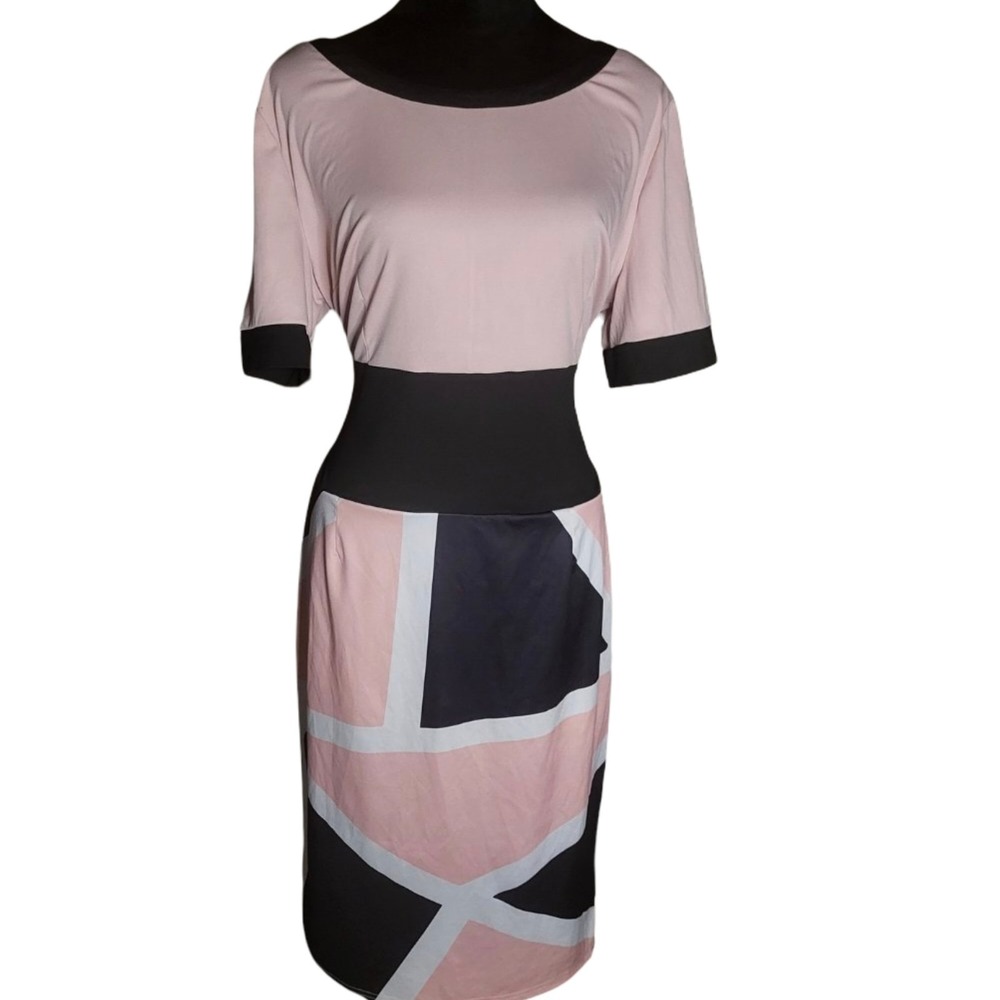 XL Colorblock Tie Waist Midi Dress Pink‎ Black Geometric Short Sleeve Stretch